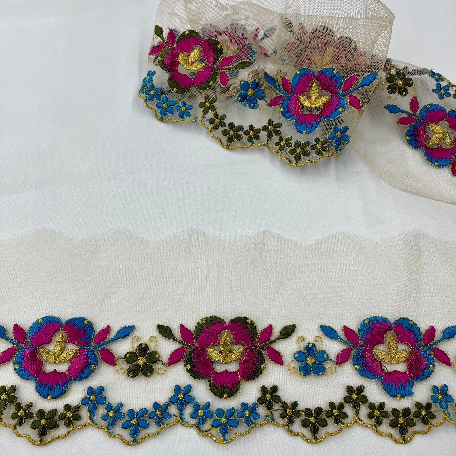 1 Yard Colorful Floral Lace Trimming on Net Mesh – 2.5" Wide | Handmade Embroidered Trim for Dresses & Costumes