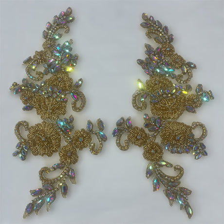 1 Pair 12" x 5" Each Side Crystal Rhinestone Beaded & Corded Lace 100% Polyester