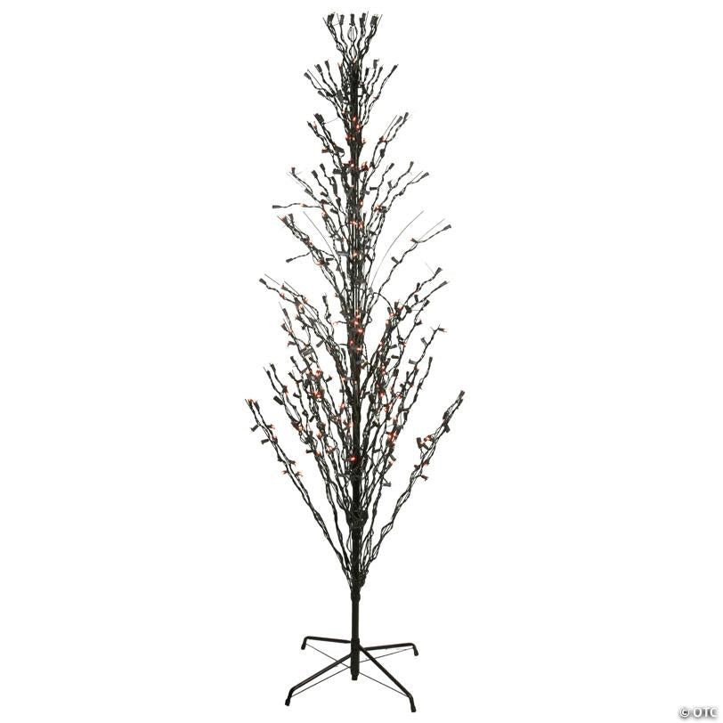 9' Pre-Lit Black Cascade Outdoor Halloween Twig Tree Orange Lights