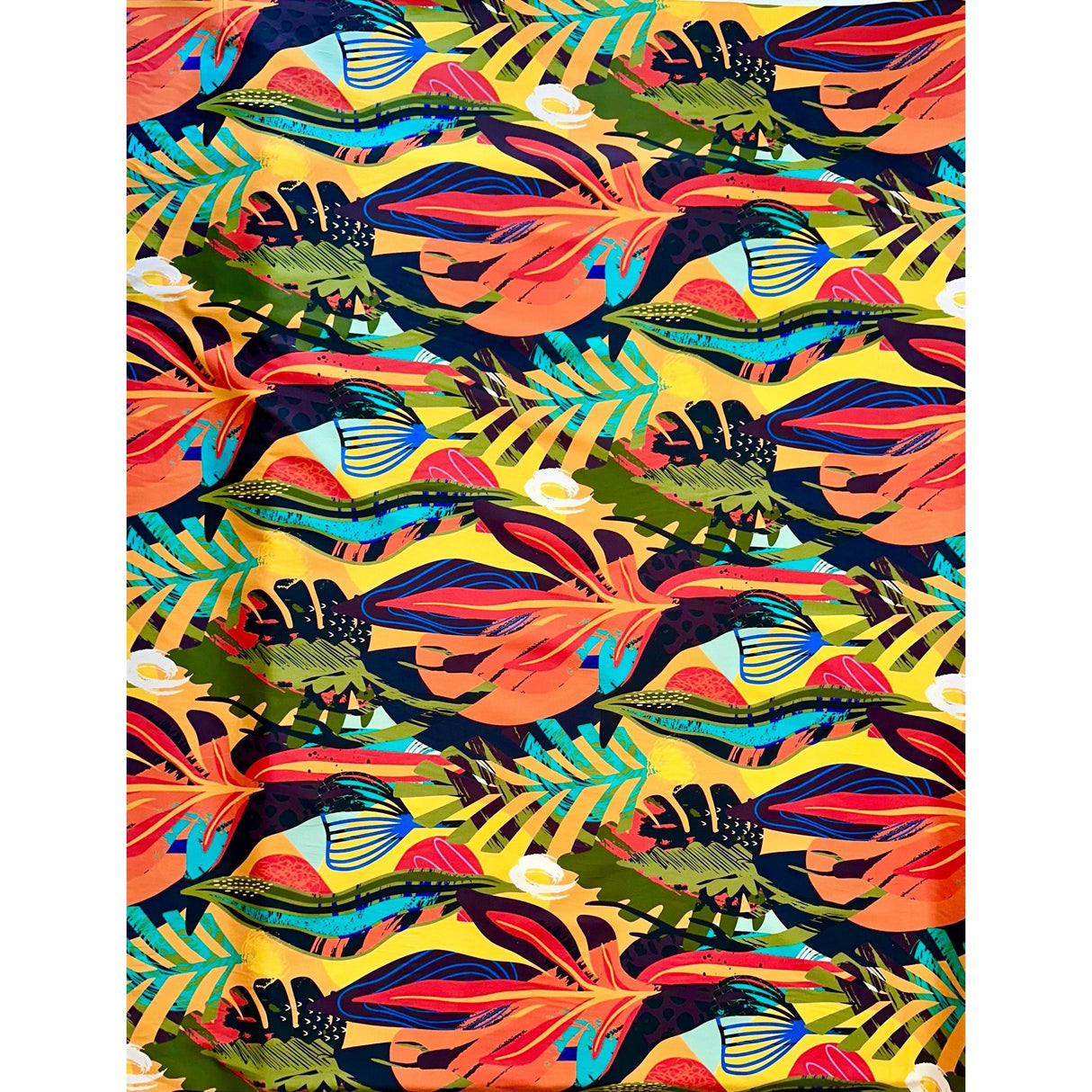 African Print Stretch Cotton Satin Fabric - Orange, Yellow, Teal, Green, Blue, Black Kalahari Camo, 58" Width (1 Yard)