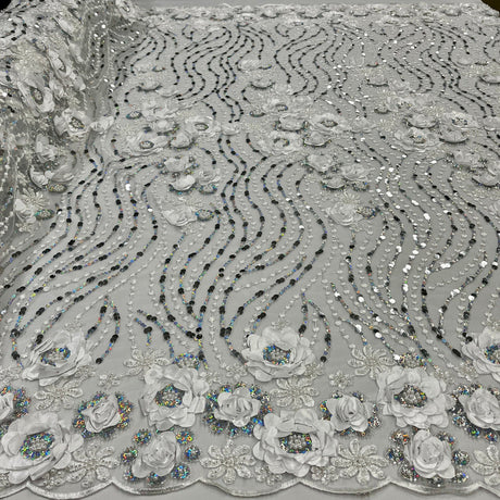 1 Yard Beaded and Sequined 3D Floral Sparkling Lace Fabric White