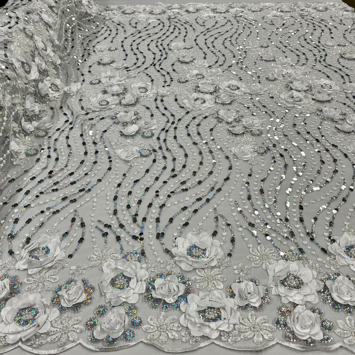 Beaded And Sequined 3D Floral Sparkling Lace Fabric - 100 Percent Polyester Net Mesh, Floral Embroidered, 52" Width (1 Yard)
