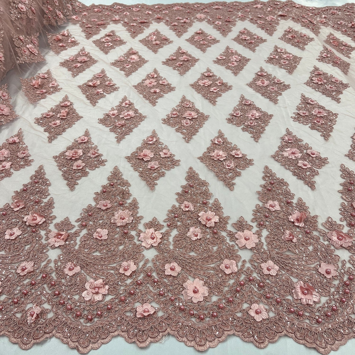 1 Yard Wine Beaded 3D Floral Lace Fabric Embroidered Polyester Net Mesh 51 Inch Width