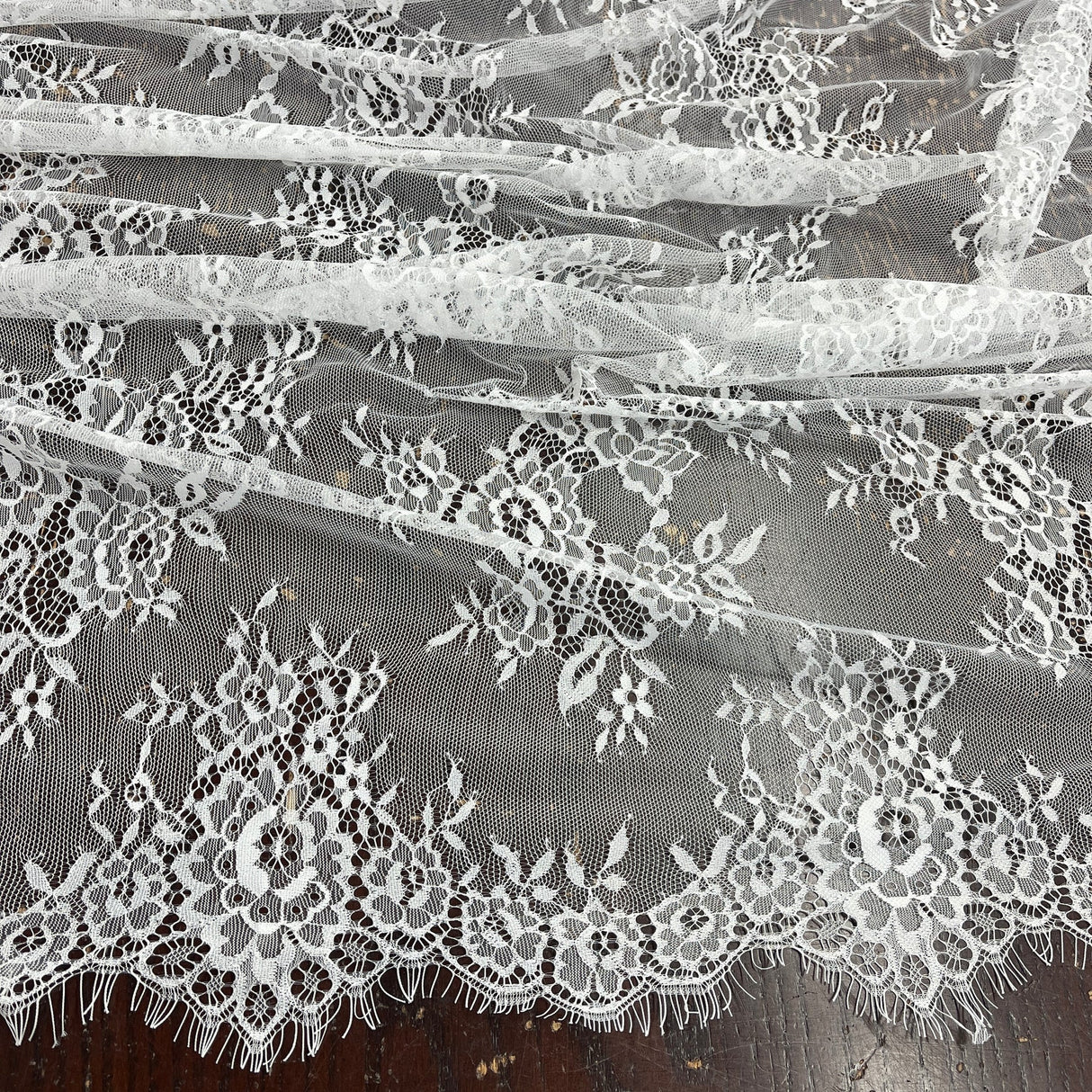 1 Yard Chantilly Embroidered Lace Fabric with Eyelash Scallop, 58" Wide French Alençon Lace for Bridal & Evening Dresses