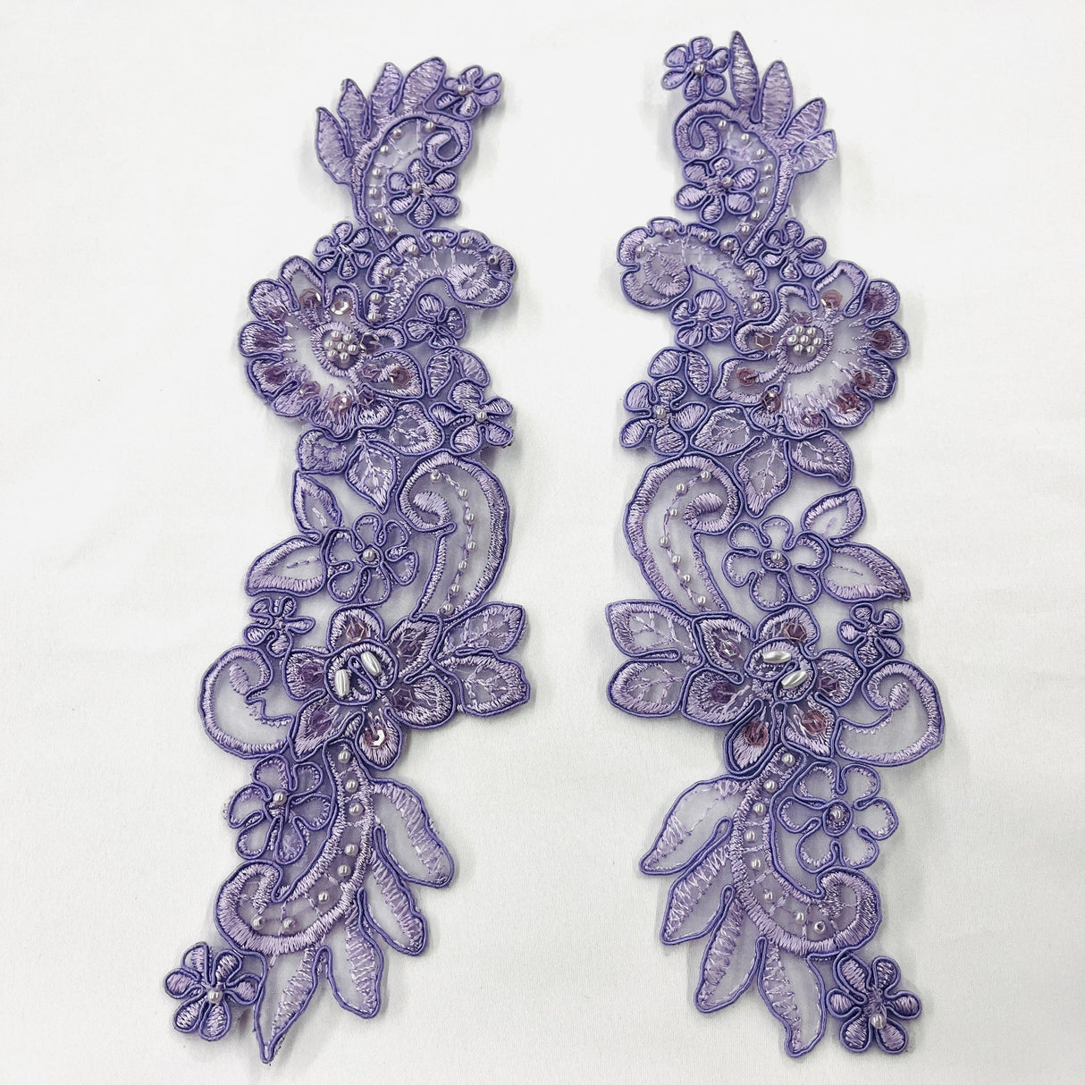 Beaded Corded Floral Lace Applique Polyester Fabric - Floral Embroidered Organza, 10" X 3" Each Side, 4 Colors (1 Pair)
