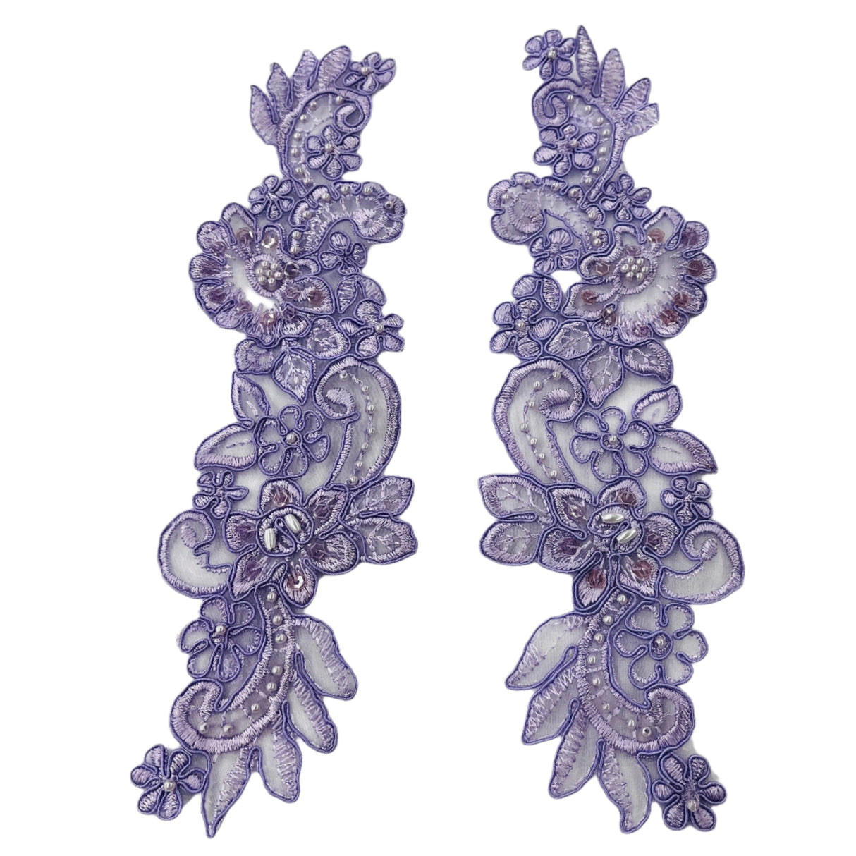 Beaded Corded Floral Lace Applique 10" x 3"