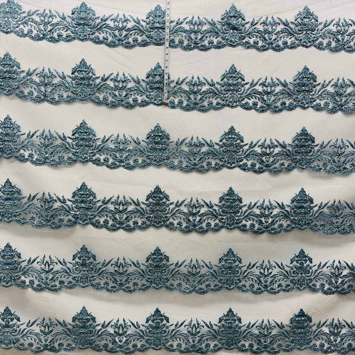 1 Yard Turquoise Glitter Mesh Fabric Ornate Floral Design 55 Inch Width