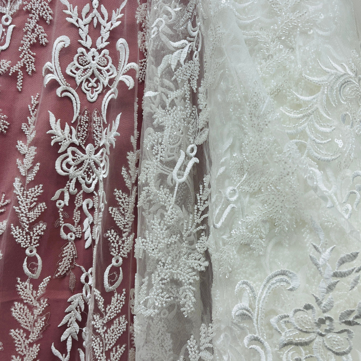 Beaded Lace Fabric on Polyester Net Mesh