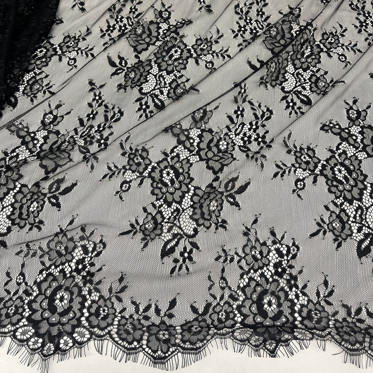 1 Yard Chantilly Embroidered Lace Fabric with Eyelash Scallop, 58" Wide French Alençon Lace for Bridal & Evening Dresses