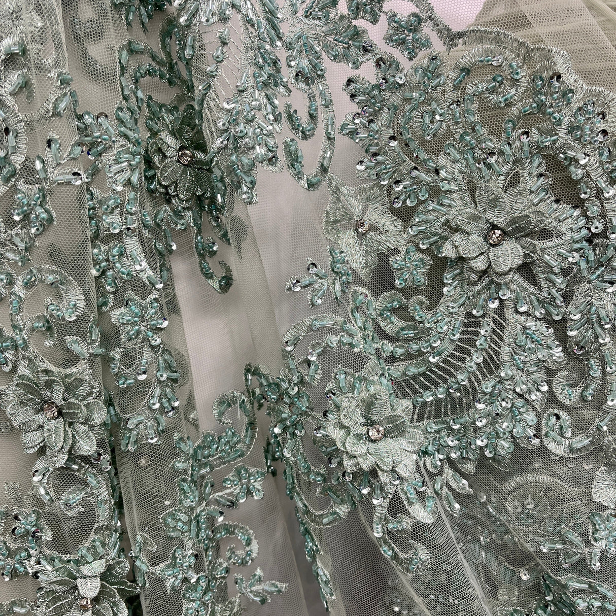Beaded 3D Floral Lace Fabric - Embroidered 100 Percent Polyester Net Mesh, 3D Floral Beaded Design, 52" Wide (1 Yard)