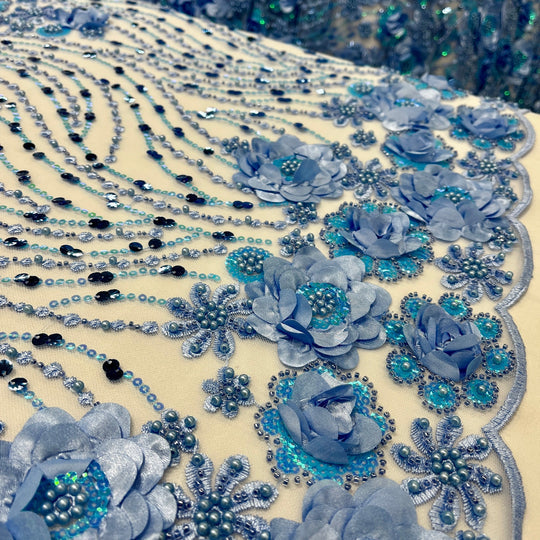 1 Yard Beaded Sequined 3D Floral Lace Fabric Embroidered 100 Percent Polyester Net Mesh 52 inch Width