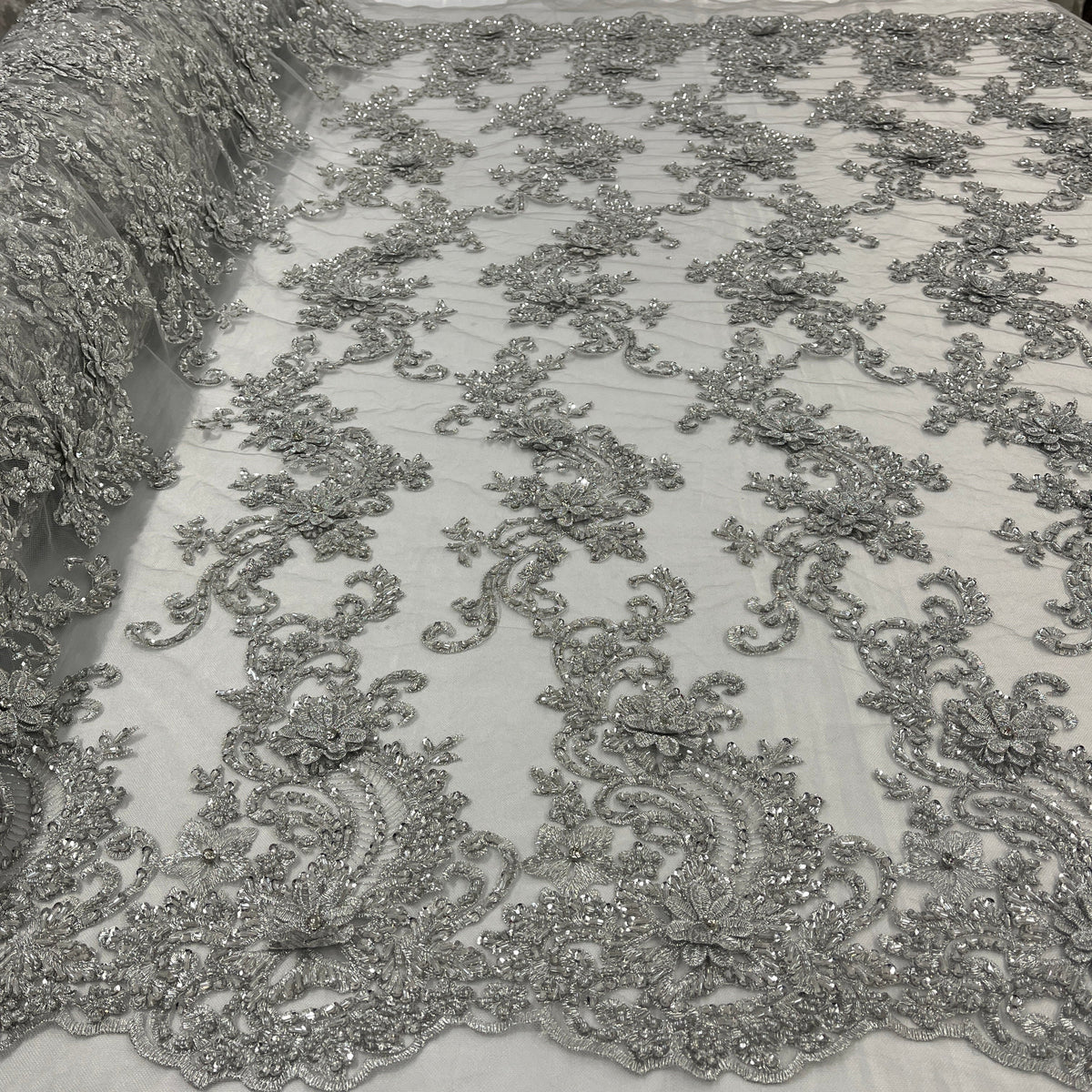 1 Yard Beaded 3D Floral Lace Fabric Embroidered on Polyester Net Mesh, Premium Embroidery Lace Fabric