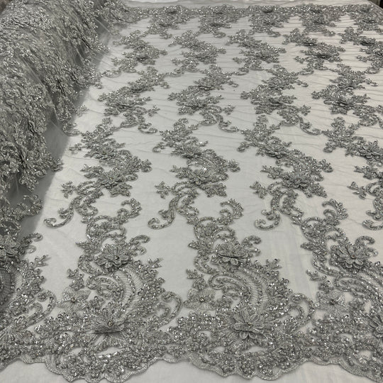 1 Yard Beaded 3D Floral Lace Fabric Embroidered on Polyester Net Mesh 52 inch Width