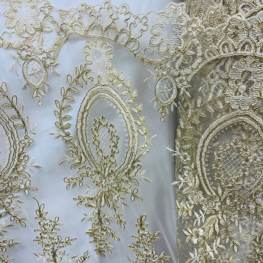 1 Yard Corded Bridal Lace Fabric Embroidered on 100% Polyester Net