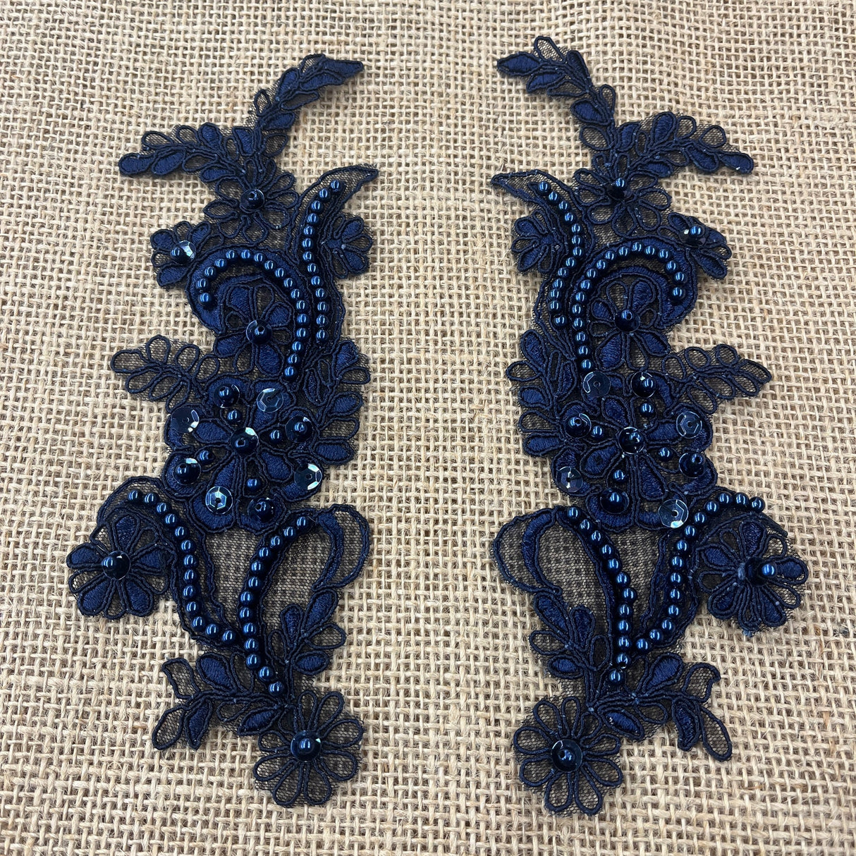 1 Pair Beaded & Corded Floral Lace Applique 9" x 2.5" Each Side