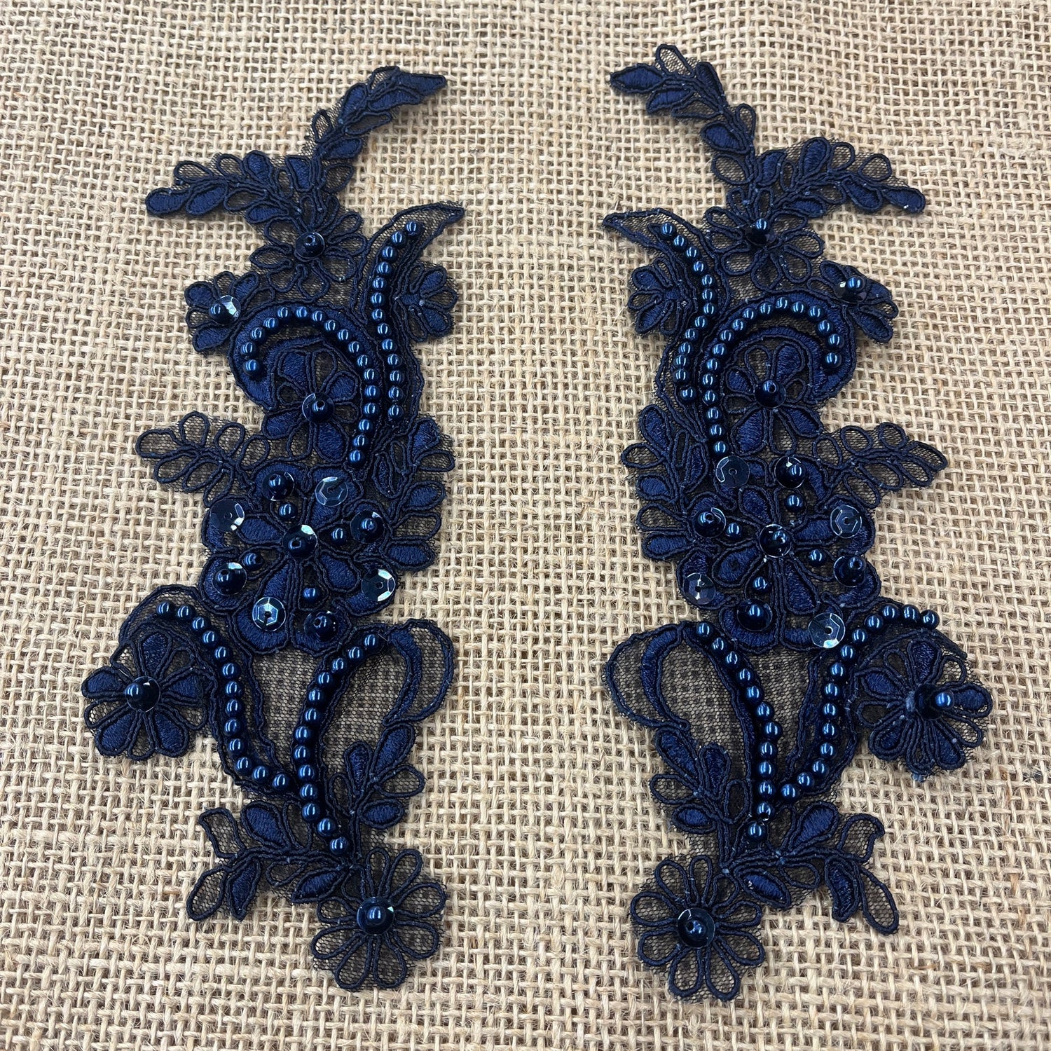 1 Pair Beaded & Corded Floral Lace Applique 9" x 2.5" Each Side
