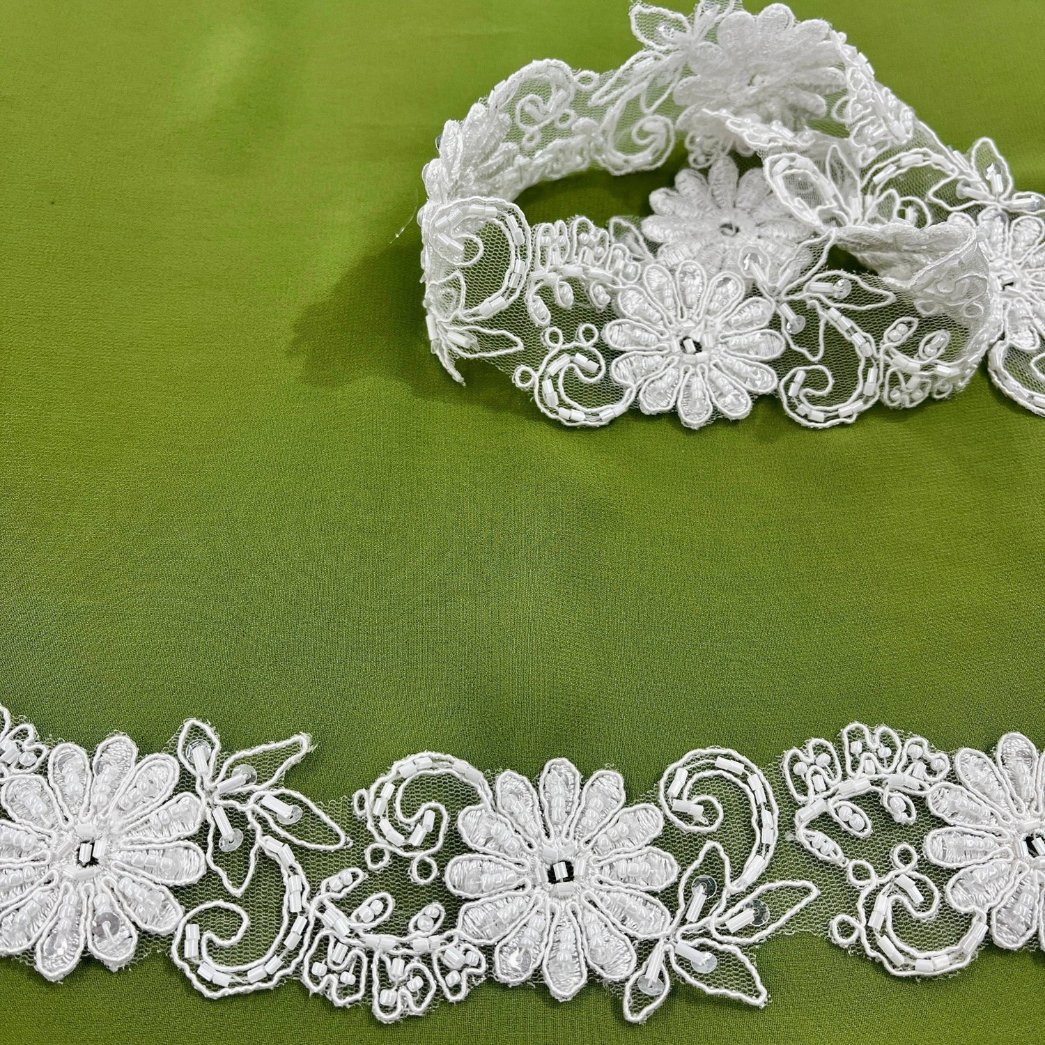 1 Yard Luxury Beaded Corded Lace Trimming on Net Mesh for Dresses 2 Inch Width