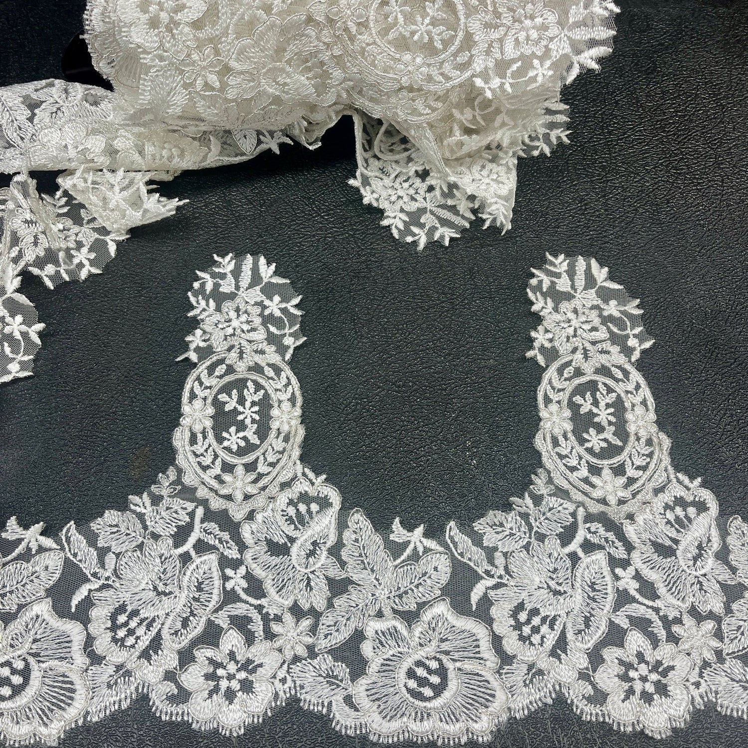 1 Yard Corded Embroidered Lace Trim 9" Wide 100% Polyester Net Mesh for Bridal & Evening Wear