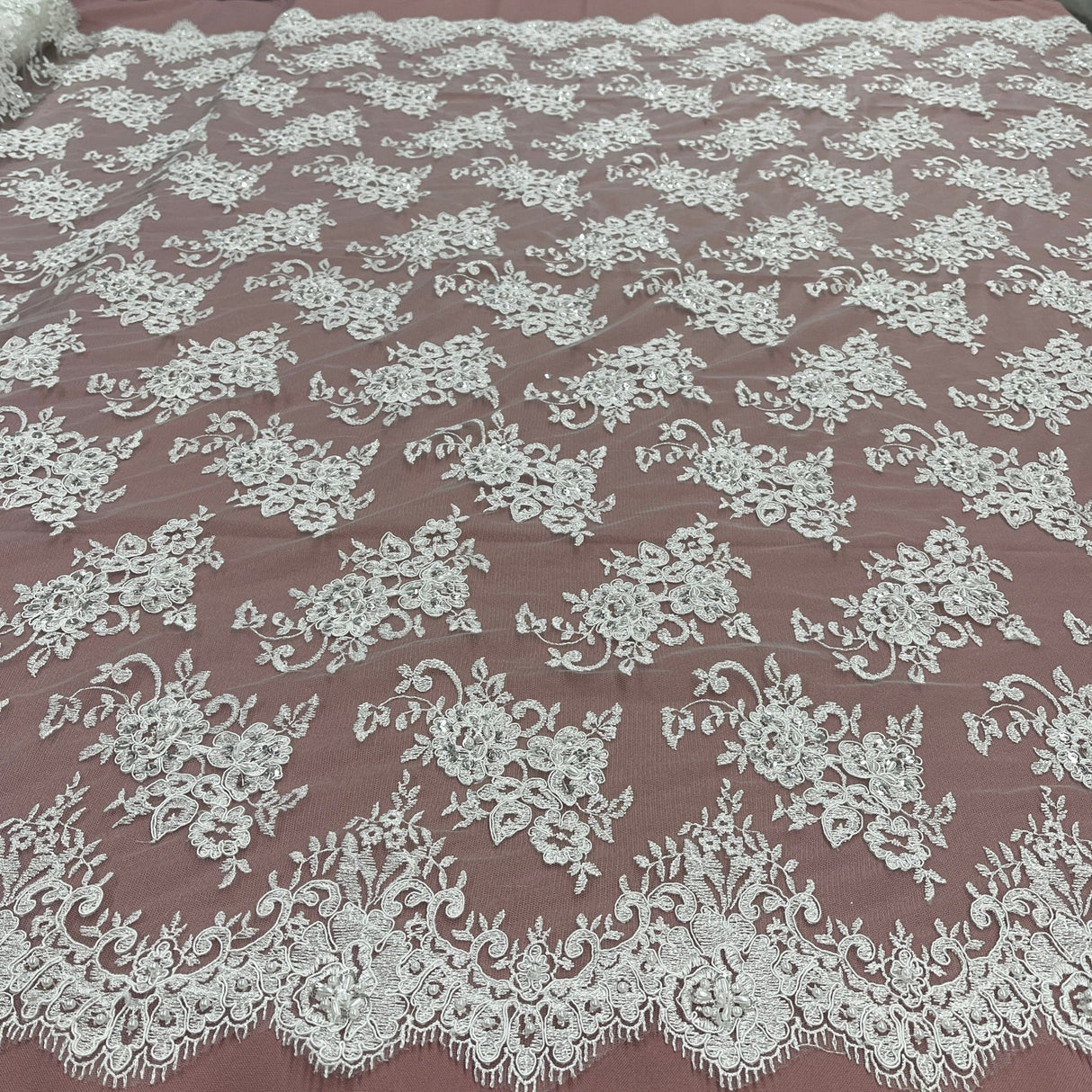 1 Yard Elegant Ivory Silver Beaded Lace Fabric on Polyester Net Mesh 54 inch Width