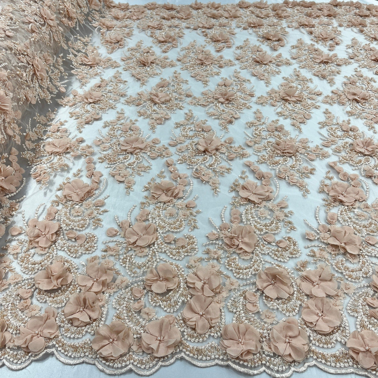 Beaded 3D Floral Lace Fabric Peach 48" Wide