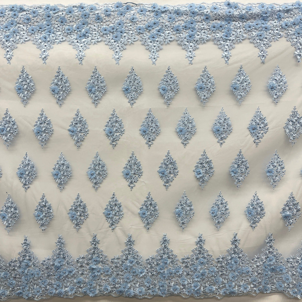 Beaded 3D Floral Lace Polyester Fabric - Off White, Gold, Silver, Lt. Blue, 52" Wide (1 Yard)