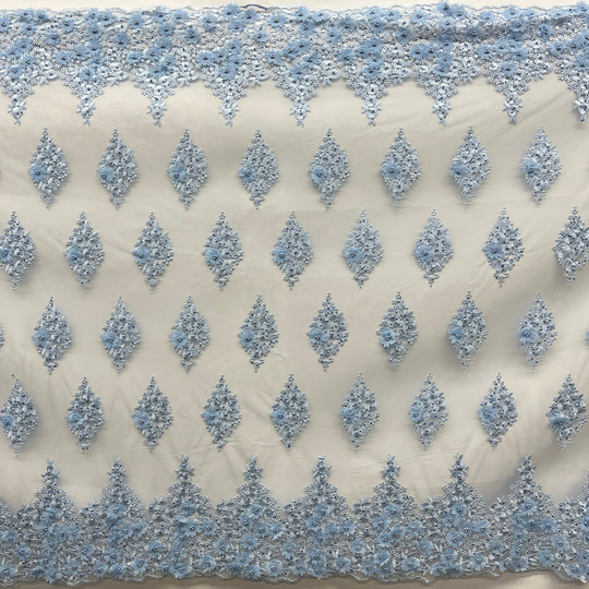 1 Yard Beaded 3D Floral Lace Fabric Embroidered on Polyester Net Mesh 52 inch Width