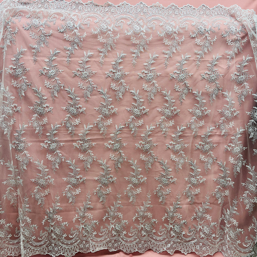 1 Yard - Corded Bridal Lace Fabric Embroidered on 100% Polyester Net Mesh - 51" Wide