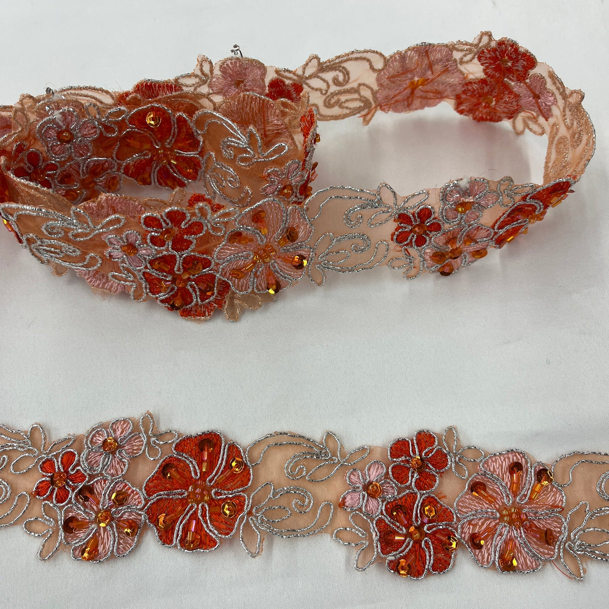 1 Yard Beaded Corded Embroidered Lace Trim 1.5" Wide 100% Polyester Organza for Dresses & Costumes