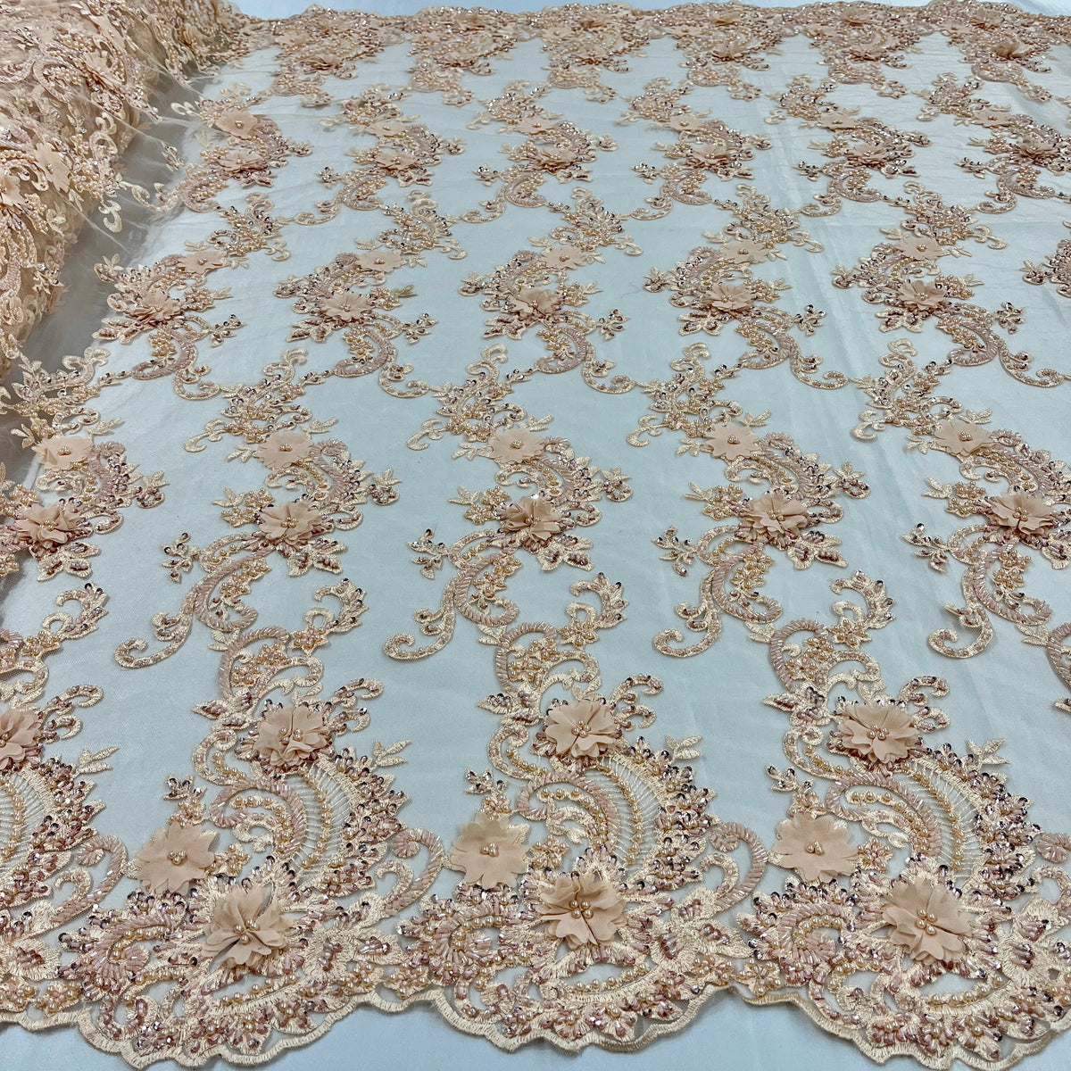 1 Yard 3D Beaded Floral Lace Fabric Embroidered on 100% Polyester Net Mesh 52" Wide