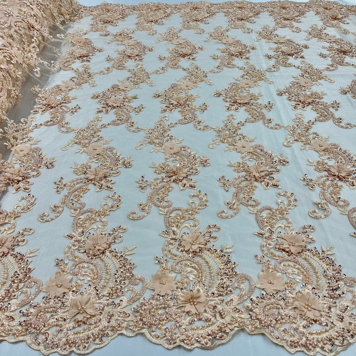 Beaded Floral Lace Fabric 3D Embroidered Net Mesh 52" Wide
