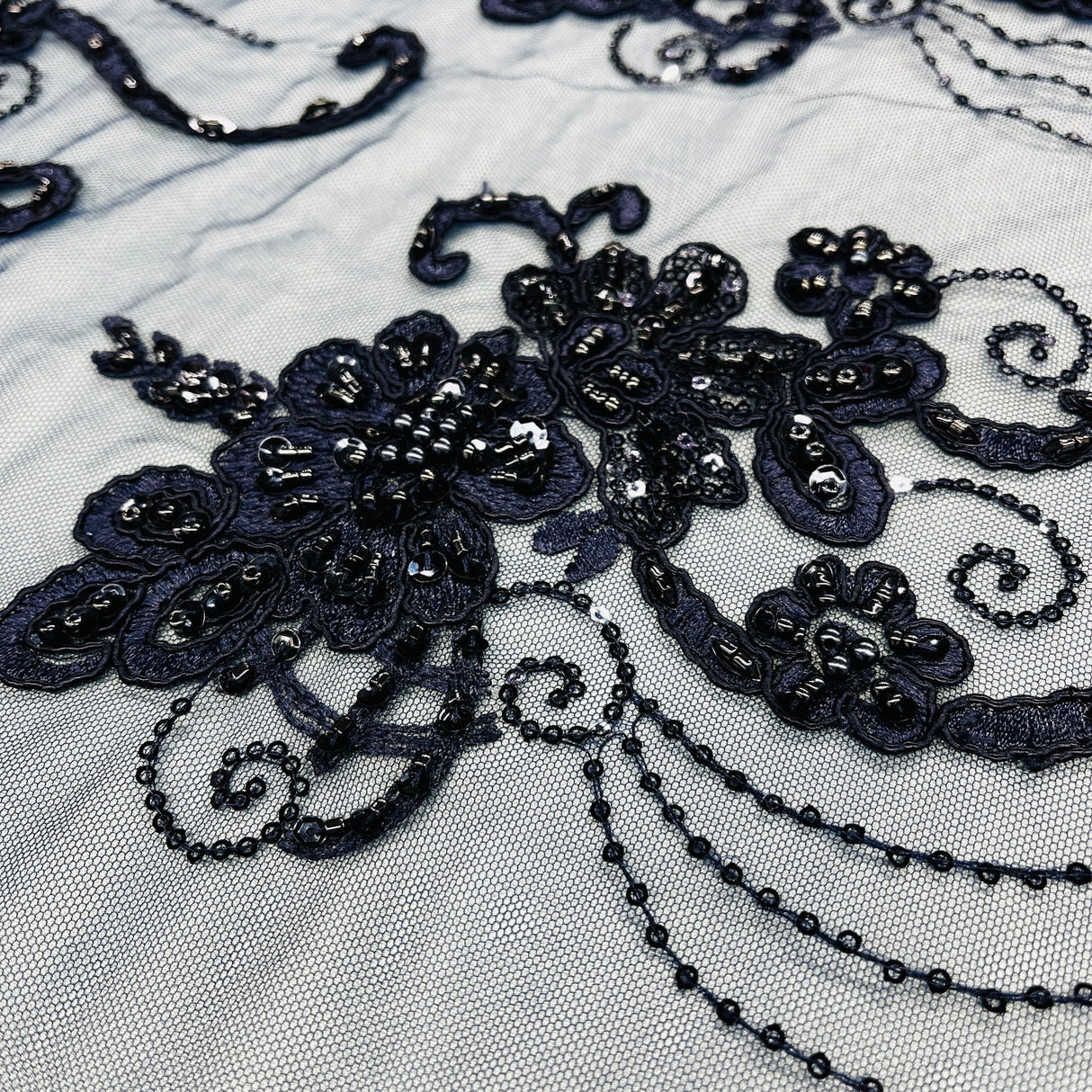 Beaded Corded Lace Fabric on Polyester Net Mesh