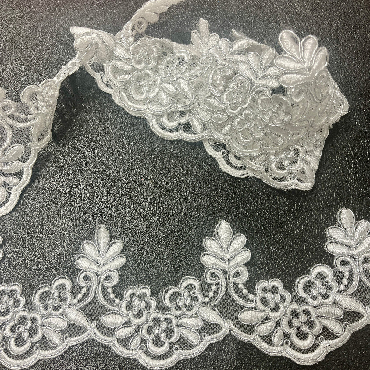 1 Yard Corded Lace Trimming on Net Mesh – 3" Wide Metallic | Embroidered Floral Lace for Special Occasions