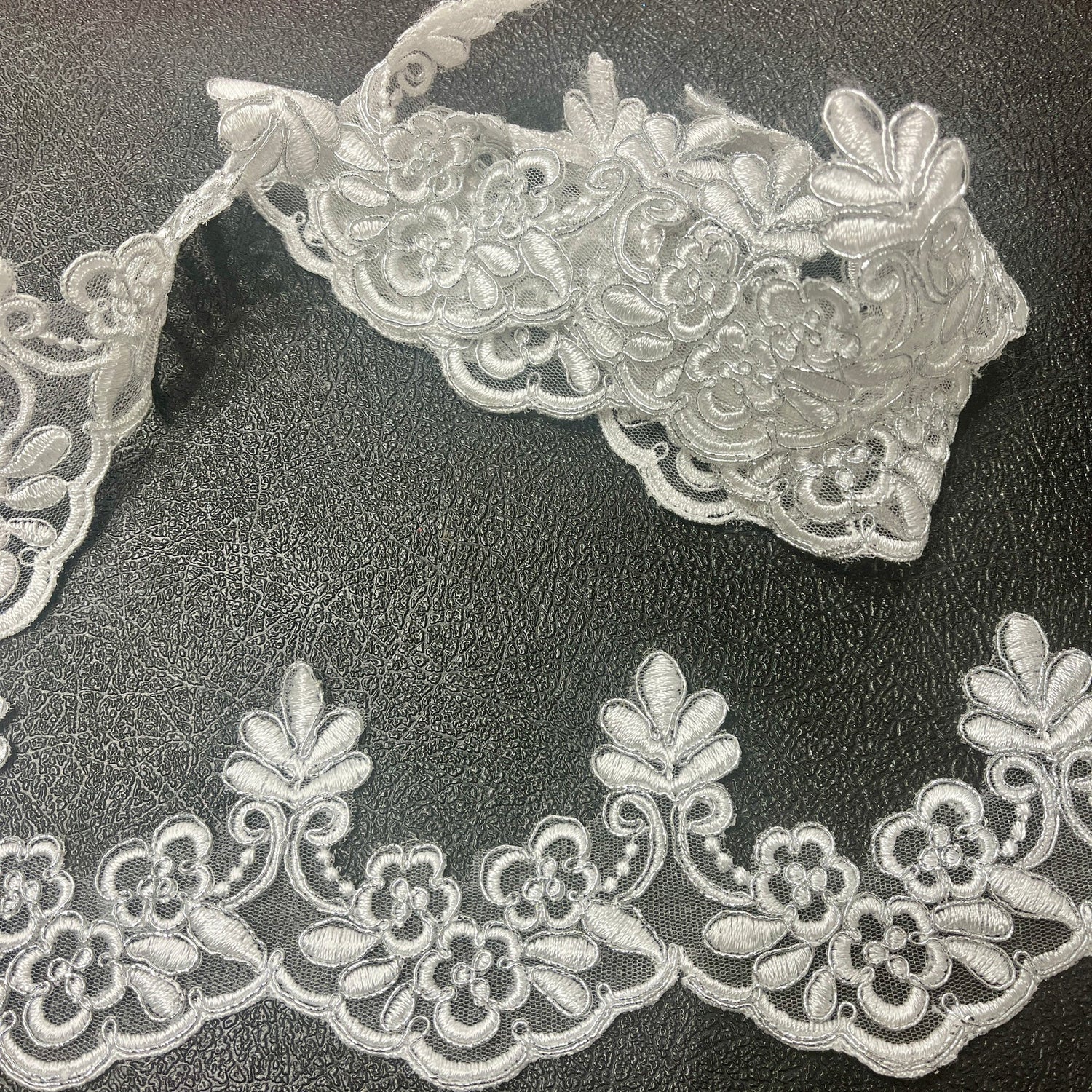 1 Yard Corded Lace Trimming on Net Mesh – 3" Wide Metallic | Embroidered Floral Lace for Special Occasions