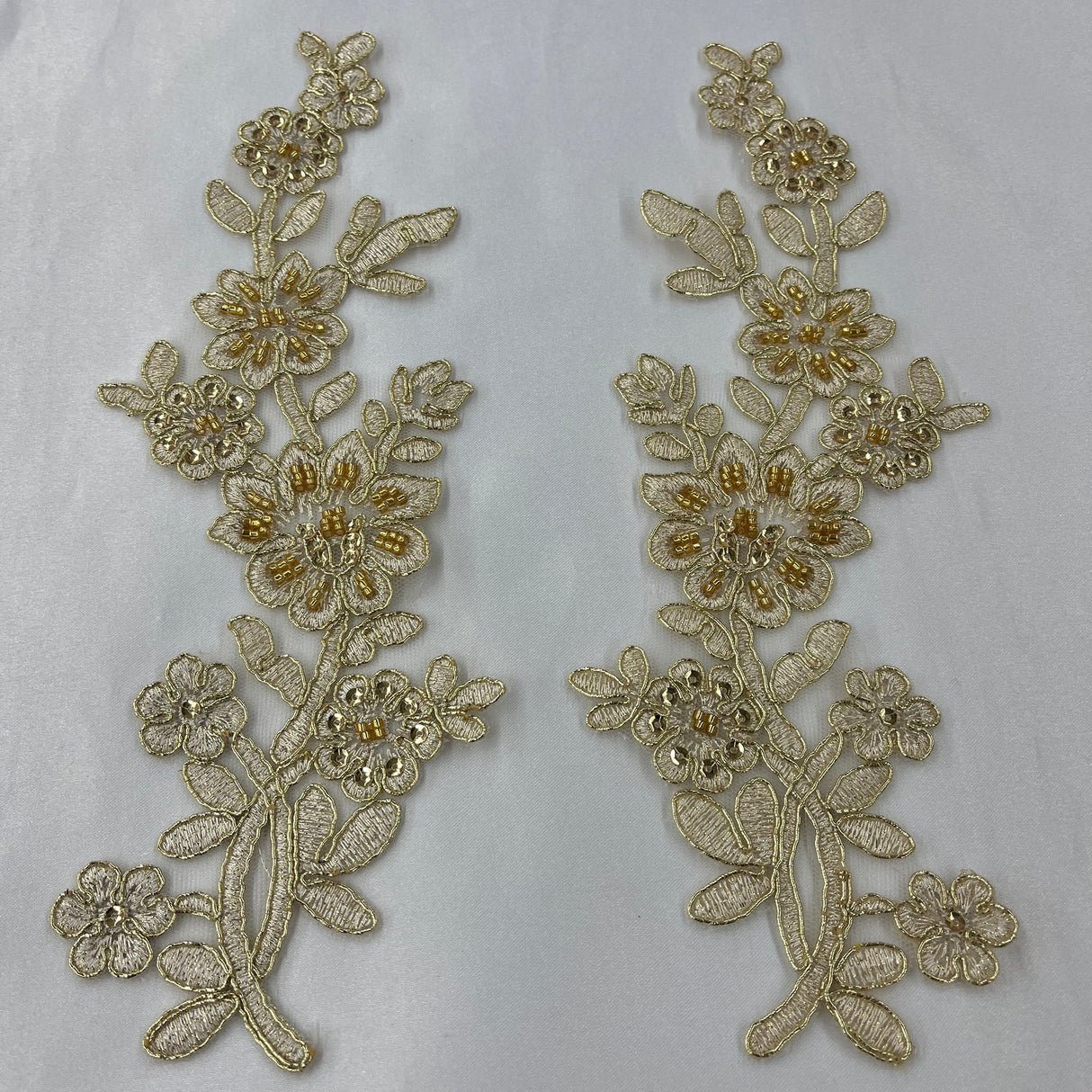 1 Pair Beaded & Corded Floral Lace Applique 10" x 2" Each Side