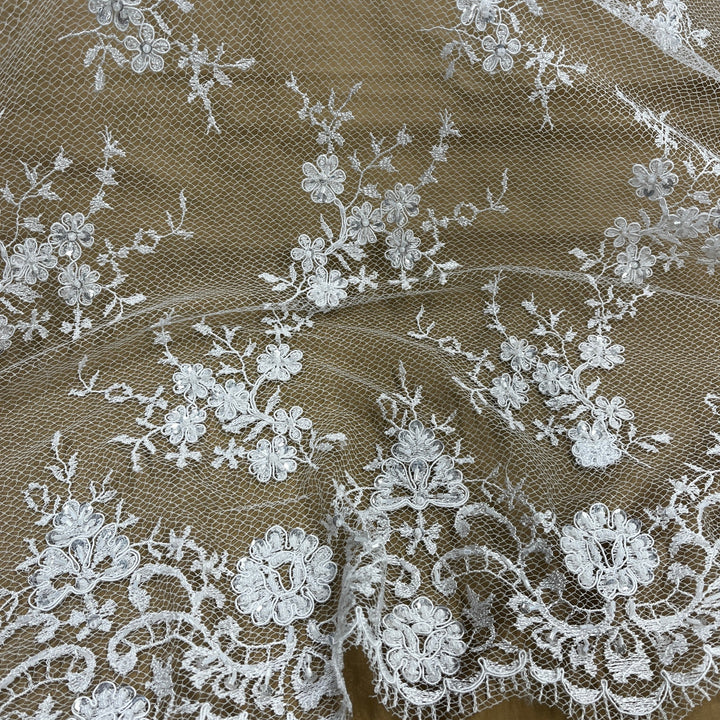 1 Yard Exquisite Hand Beaded Lace Fabric Embroidered on 100% Polyester Net Mesh White