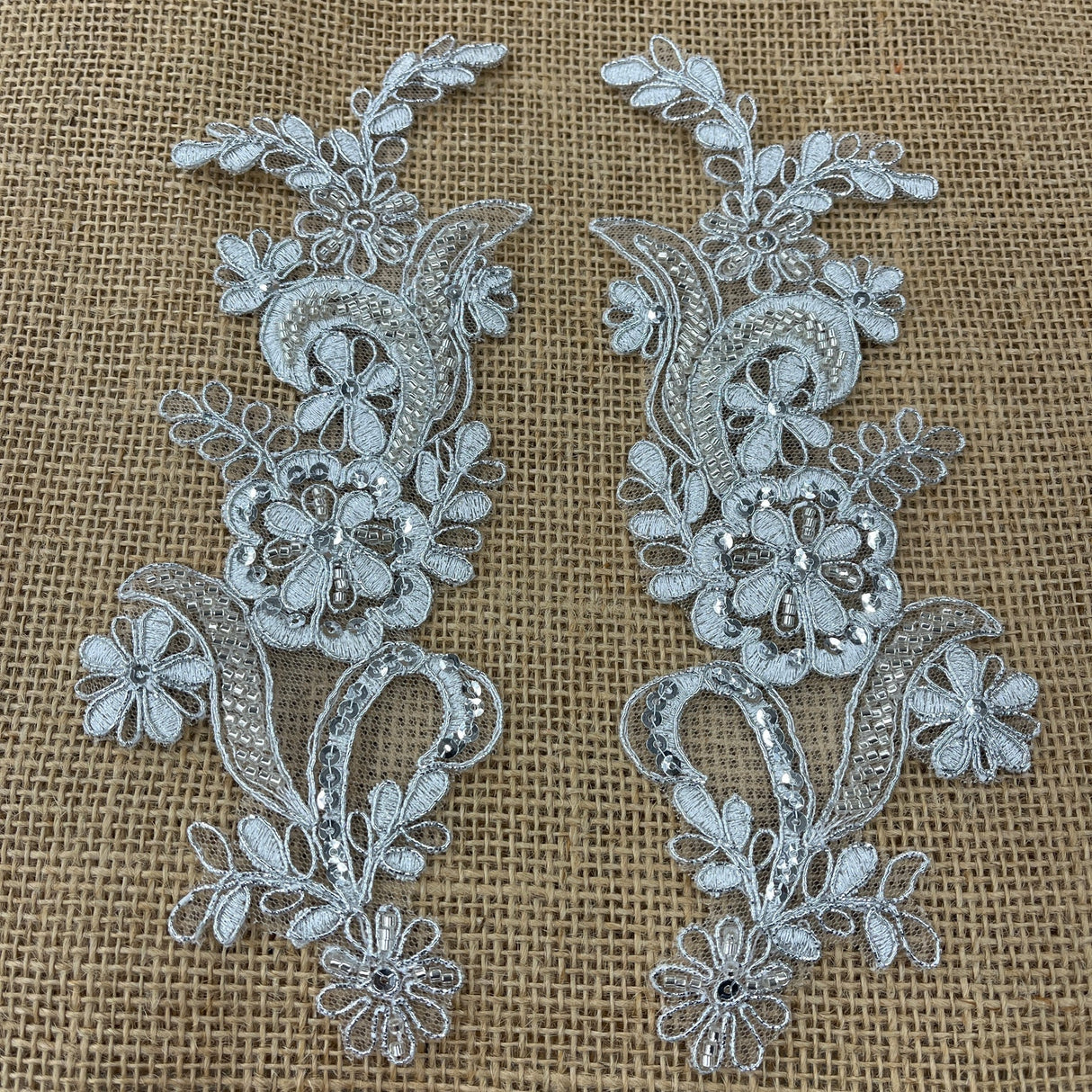 1 Pair Beaded & Corded Floral Lace Applique 9" x 2.5" Each Side