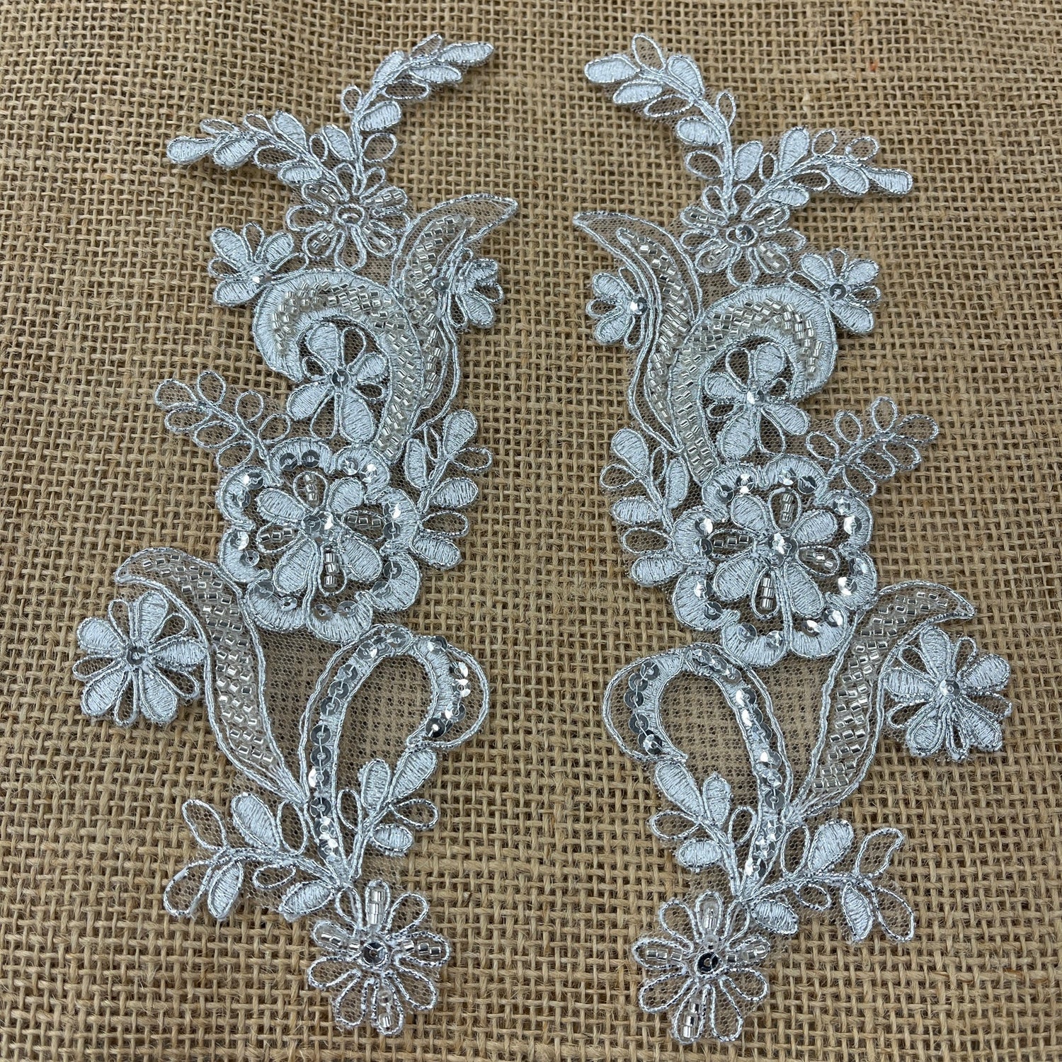 1 Pair Beaded & Corded Floral Lace Applique 9" x 2.5" Each Side
