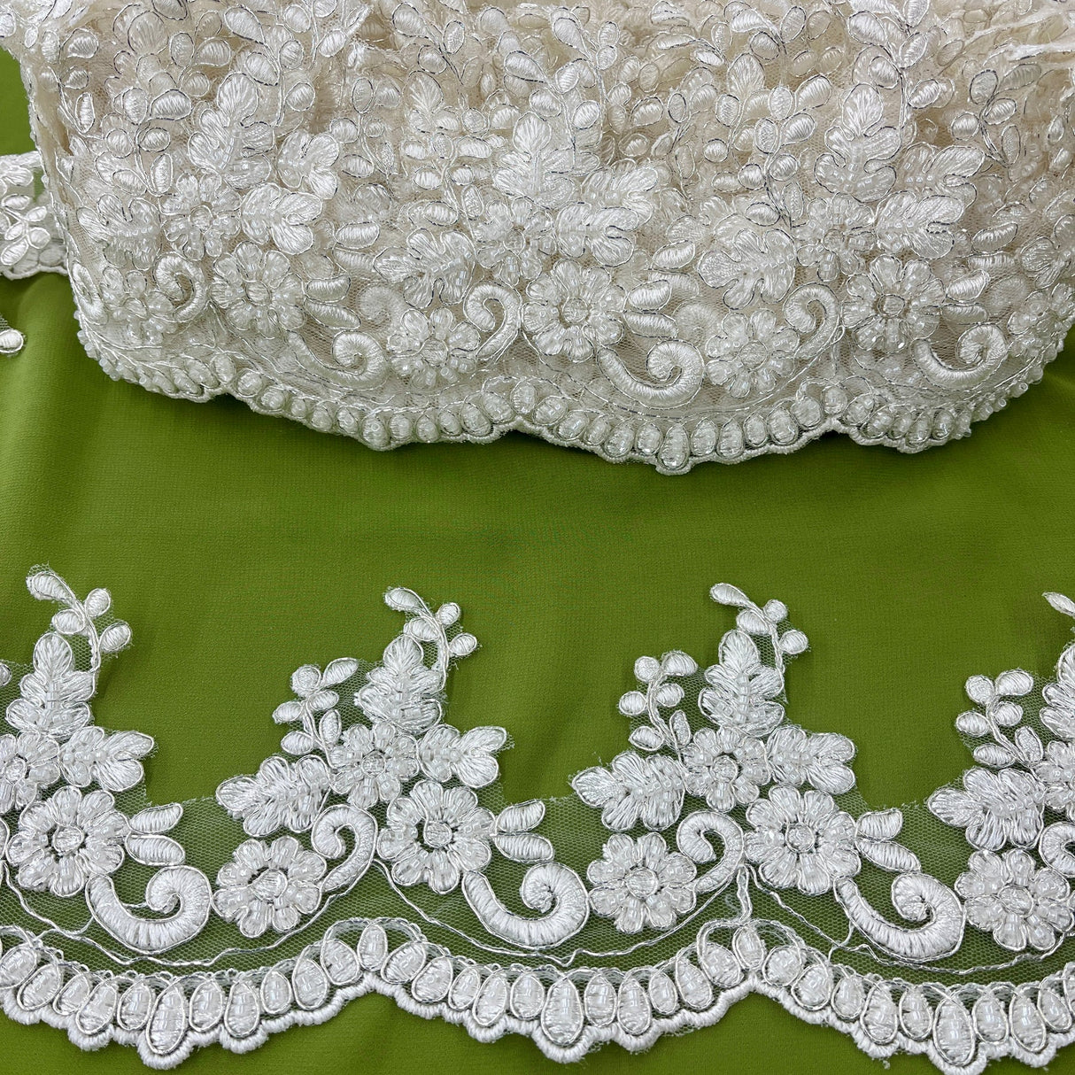 1 Yard Beaded & Corded Embroidered Lace Trim 4.5" Wide 100% Polyester Net Mesh for Bridal & Special Occasion