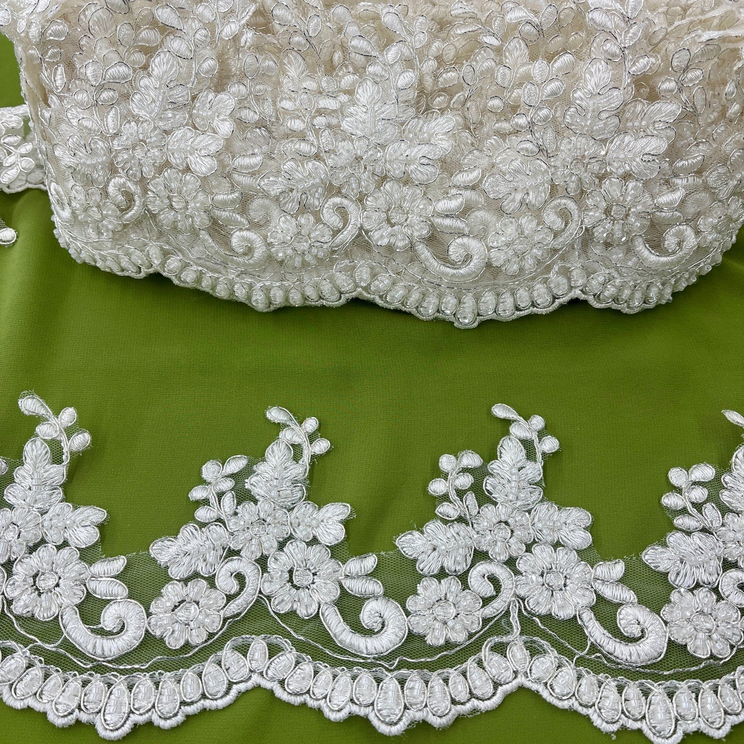 1 Yard Beaded & Corded Embroidered Lace Trim 4.5" Wide 100% Polyester Net Mesh for Bridal & Special Occasion