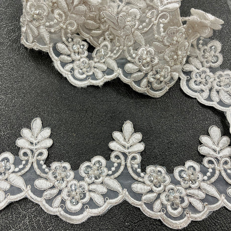 1 Yard Beaded & Corded Embroidered Lace Trim 3" Wide 100% Polyester for Bridal & Evening Dresses