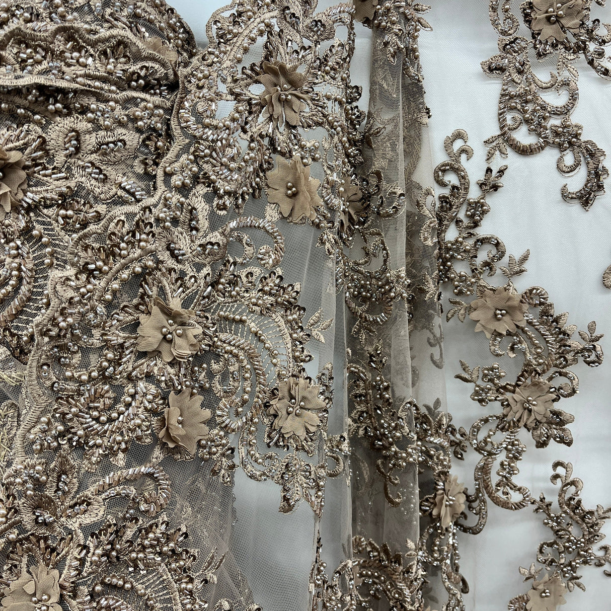 Beaded Floral Lace Fabric 3D Embroidered Net Mesh 52" Wide