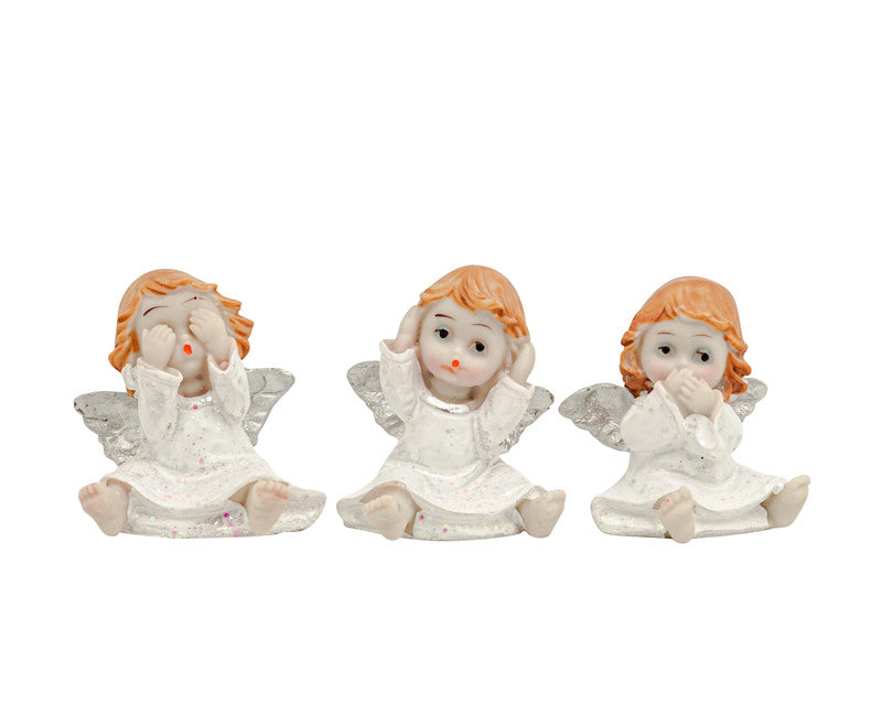 2 1/4" Tall White Dress Silver Wings Hear No Evil / See No Evil / Speak No Evil Poly Resin Angels - Set of 6 Figurines