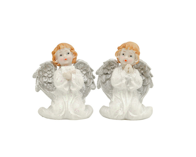 4 1/4 Inch White Dress Silver Wing Kneeling Poly Resin Angel Figurines Set of 2
