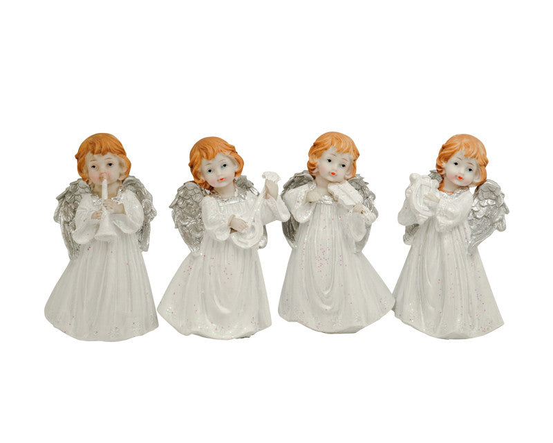5 1 2" Tall White Dressed Silver Winged Poly Resin Angels with Musical Instruments - Set of 4 Figurine