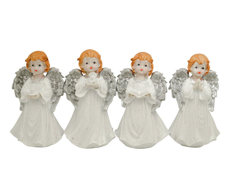 White Dressed Silver Winged Poly Resin Angels Holding Candle Bible Dove Prayer Hands - Set of 4 Figurines