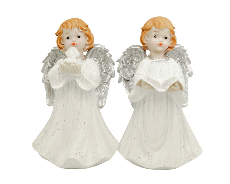 9" Tall White Dress Silver Winged Poly Resin Angels - Set of 2 Figurines