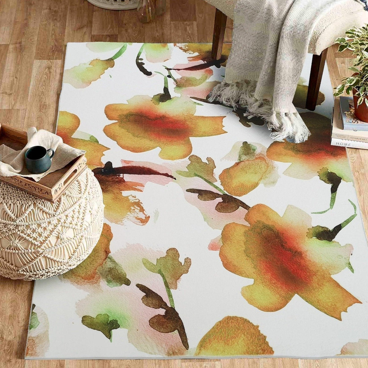 Mosaic Floral Leaf Lines Soft Print Cozy Faux Fur Carpet/Area Rug for Modern Décor