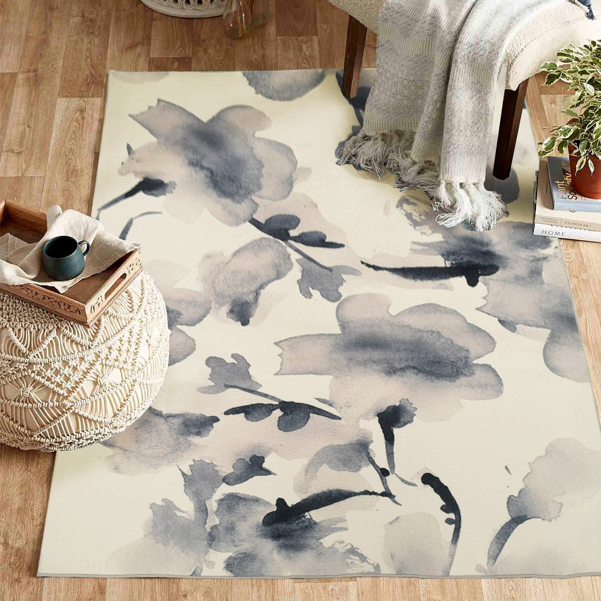 Mosaic Floral Leaf Lines Soft Print Cozy Faux Fur Carpet/Area Rug for Modern Décor