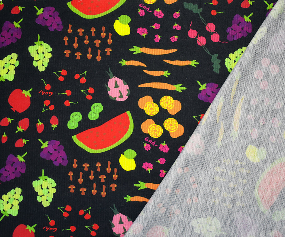 1 Yard Black Multi Fruit Veg Print Stretch Spandex 2x2 Rib Knit Fabric 61 Inches