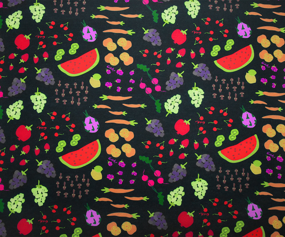 1 Yard Black Multi Fruit Veg Print Stretch Spandex 2x2 Rib Knit Fabric 61 Inches